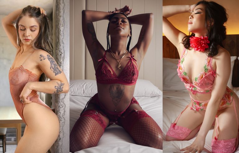 Boudoir photos of 3 women dressed in pink and red